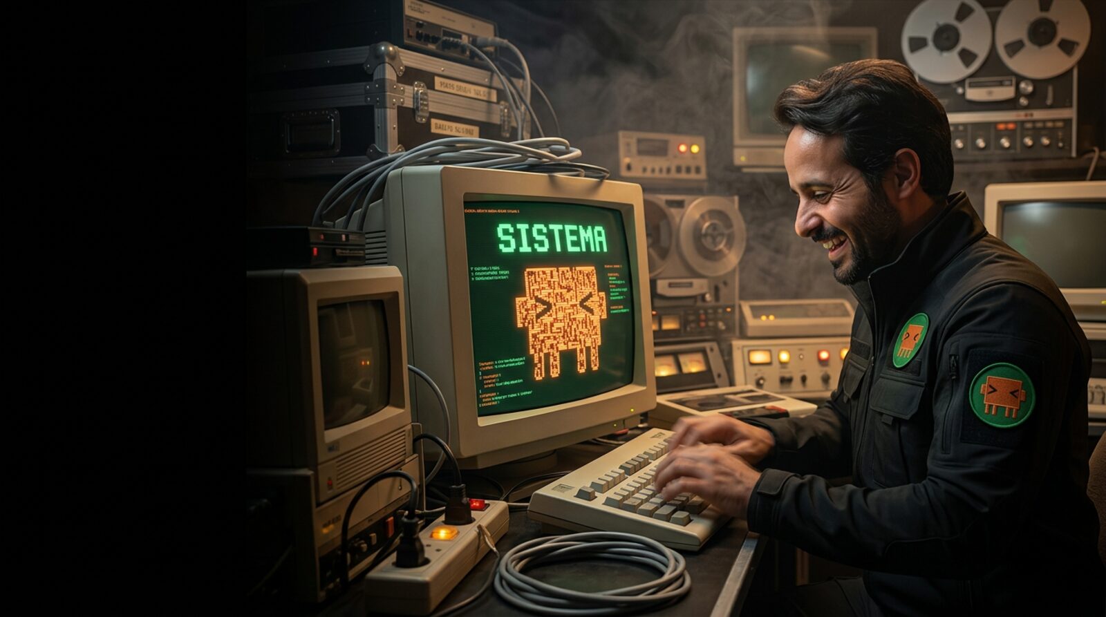Operador construindo um sistema em um monitor CRT retrô com a palavra SISTEMA na tela