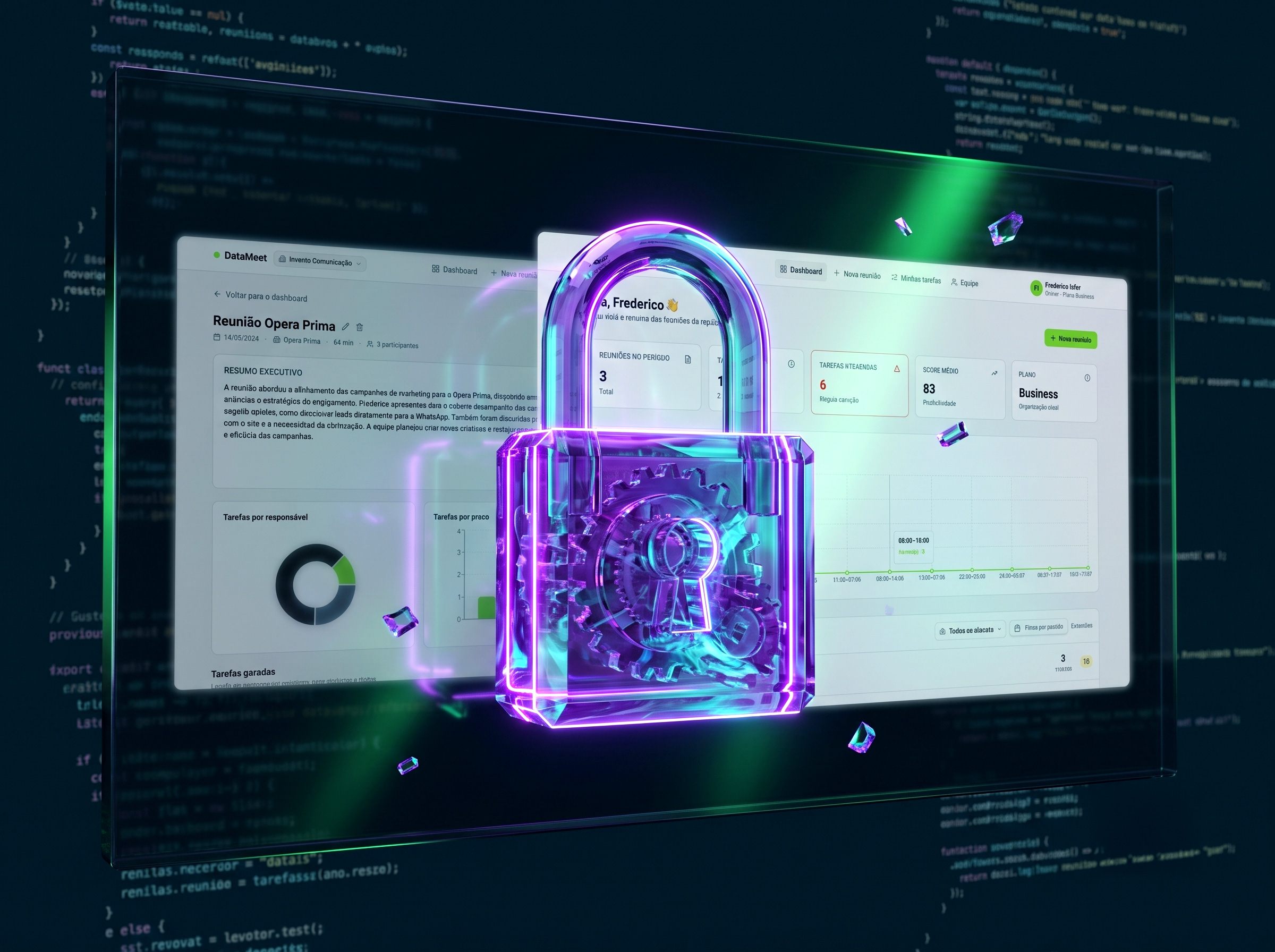 Cadeado de cristal roxo e ciano trancando um sistema na tela