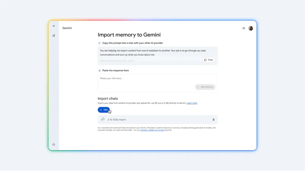 Tela do Gemini para importar histórico de conversas por arquivo ZIP
