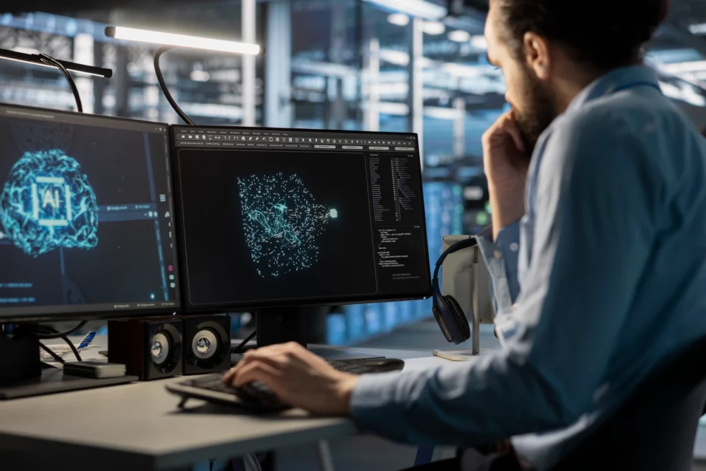 Ilustração de automação com inteligência artificial mostrando empresas integrando tecnologia para otimizar processos