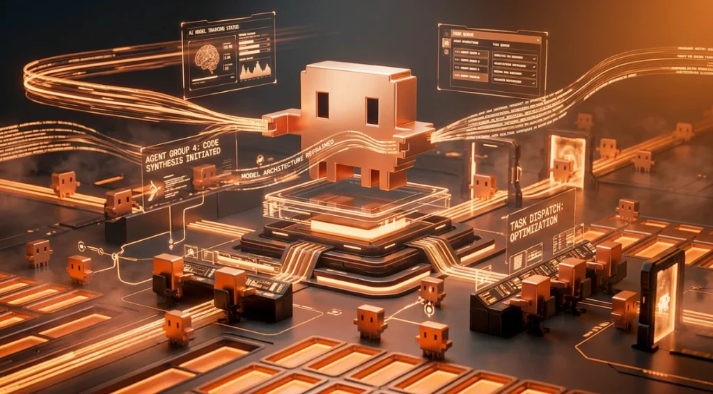 Ilustração do Claude Managed Agents da Anthropic com um agente principal coordenando múltiplos agentes de IA em escala