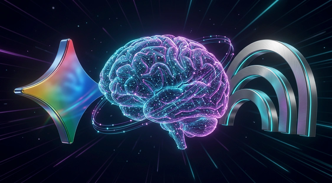 Gemini e NotebookLM em 3D com cérebro de inteligência artificial ao centro