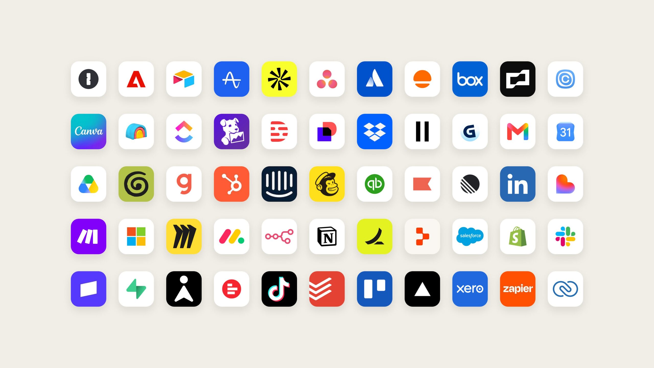 Logos de alguns dos apps e serviços que o Claude Duet pode usar, como Gmail, Slack, Shopify, QuickBooks, HubSpot e Canva