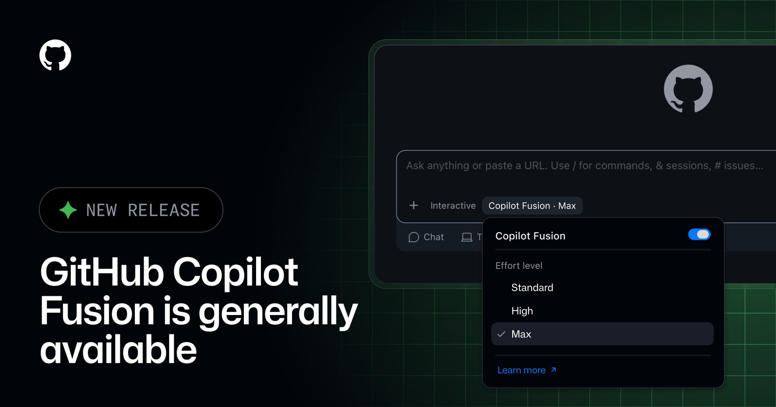 Arte do anúncio do GitHub Copilot Fusion geralmente disponível, com o seletor de nível de esforço